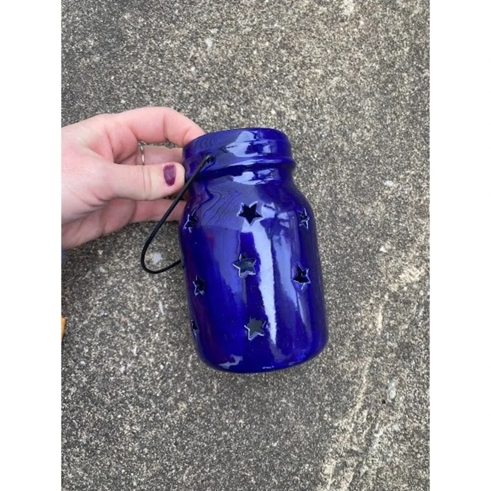 Cobalt Blue Ceramic Mason Jar Lantern Star Cutouts Hanging Candle Holder